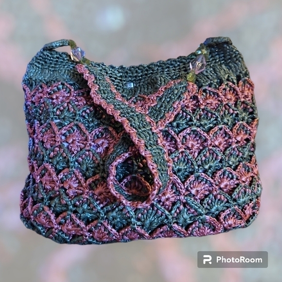 VTG Handmade Olive Pink Woven Crochet Plarn Shoulder Bag - Picture 1 of 9